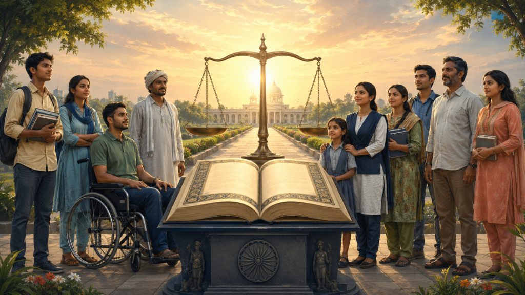 भारतीय संविधान और न्याय के तराजू के साथ समान अवसर की प्रतीक्षा करते विद्यार्थी, दिव्यांग और विभिन्न सामाजिक पृष्ठभूमियों के नागरिक