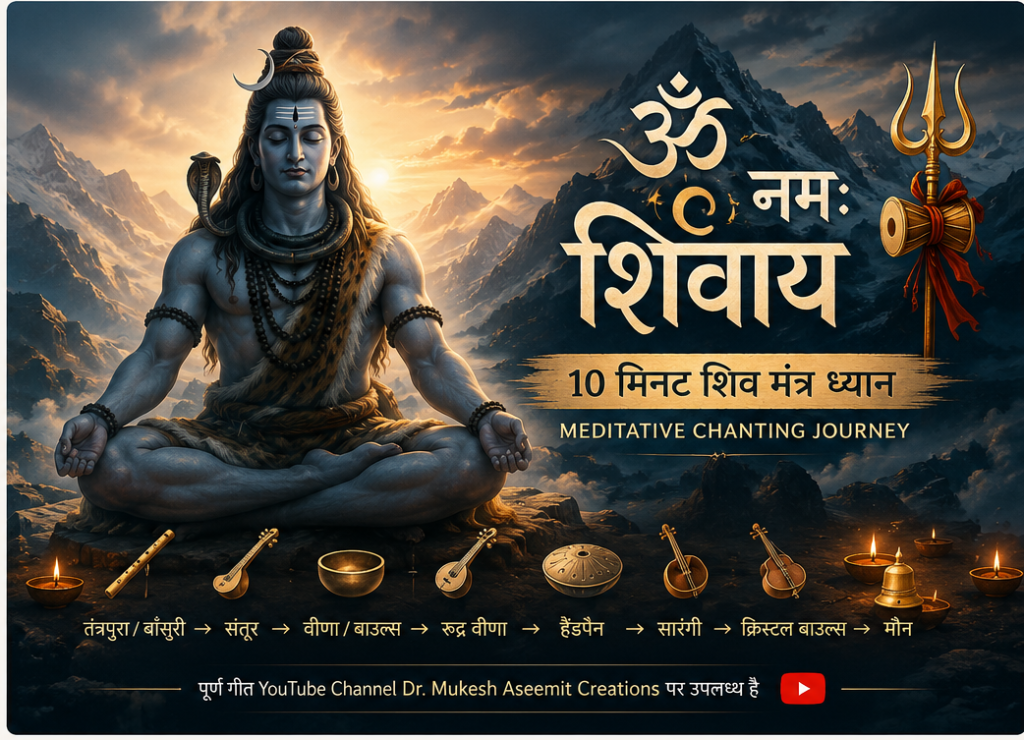 ध्यानमग्न भगवान शिव के साथ ॐ नमः शिवाय chanting meditation और 10 मिनट शिव मंत्र ध्यान का भावपूर्ण दृश्य