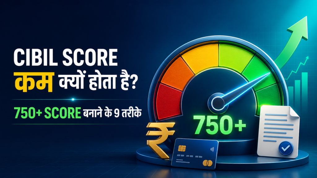 CIBIL Score कम होने के कारण और 750+ क्रेडिट स्कोर बनाने के 9 व्यावहारिक तरीके दर्शाती फीचर इमेज