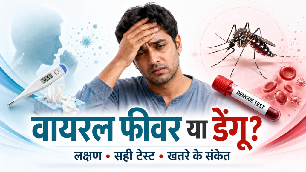 वायरल फीवर और डेंगू में अंतर दर्शाती फीचर इमेज, जिसमें बुखार से पीड़ित व्यक्ति, थर्मामीटर, एडीज मच्छर और डेंगू ब्लड टेस्ट दिखाया गया है।
