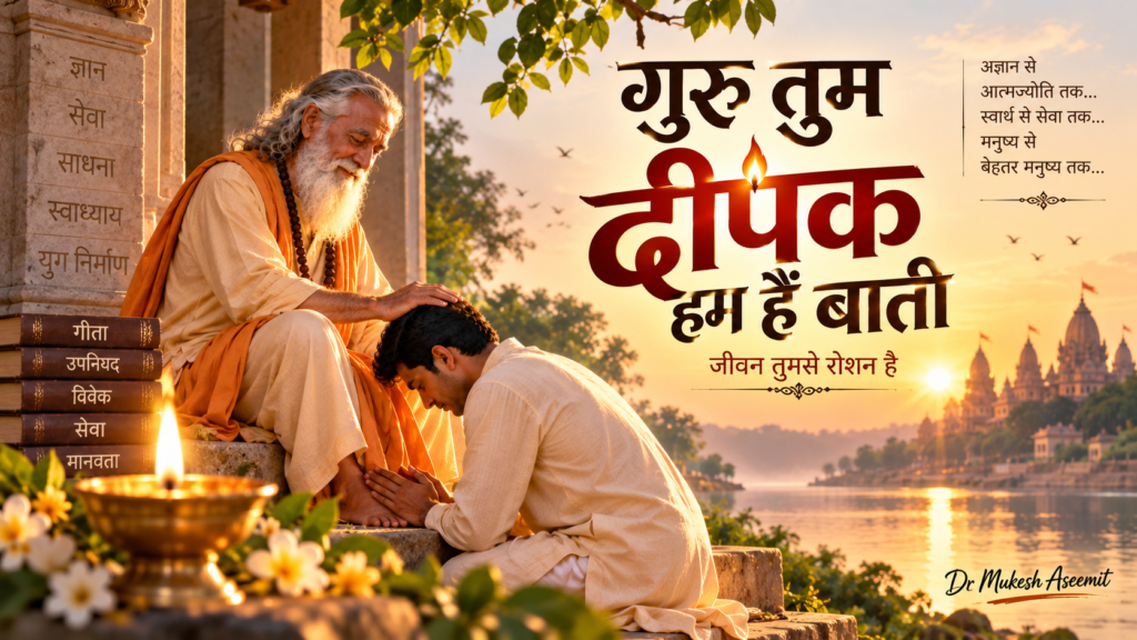 गुरु तुम दीपक हम हैं बाती गुरु भजन – गुरु से आशीर्वाद प्राप्त करता शिष्य और प्रज्वलित दीपक
