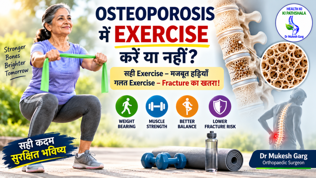 Osteoporosis होने पर Exercise बंद कर देनी चाहिए या जारी रखनी चाहिए? जानिए Walking, strengthening, weight-bearing और balance exercises की भूमिका, किन movements में सावधानी जरूरी है और fracture risk के अनुसार सही exercise कैसे चुनें।