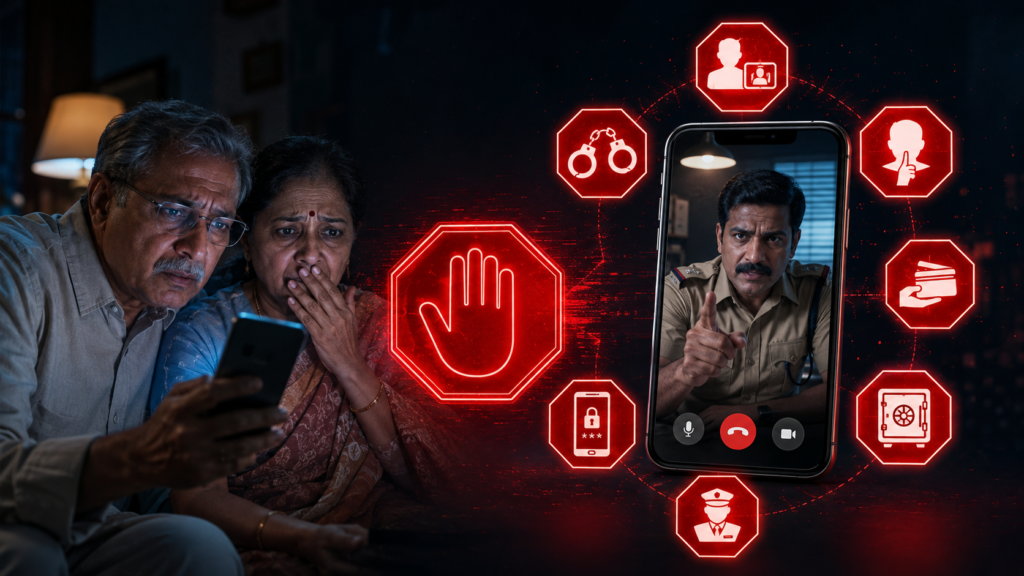 Digital Arrest Scam में नकली पुलिस video call, सात warning signs और तुरंत कॉल काटने की चेतावनी दिखाता cybercrime awareness visual