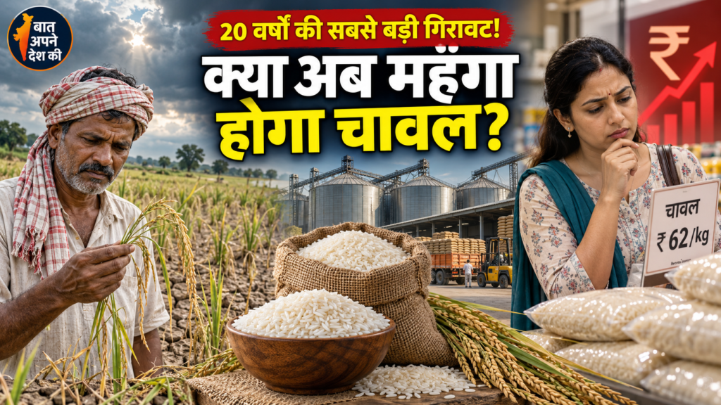 सूखे धान के खेत, चावल से भरी कटोरी और बढ़ती कीमत दर्शाता ग्राफ—भारत में चावल के दाम 2026