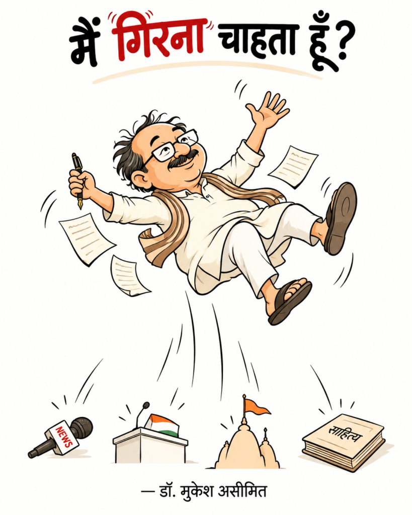 मैं गिरना चाहता हूँ व्यंग्य लेख का कार्टून कैरिकेचर – पत्रकारिता, राजनीति, धर्म और साहित्य में गिरावट