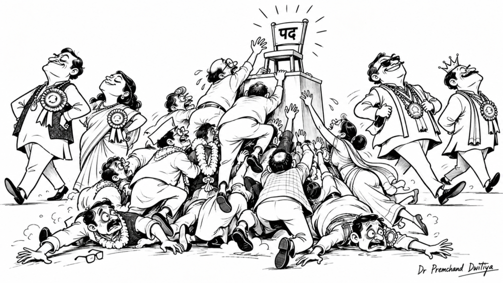 पद और प्रतिष्ठा की होड़ पर व्यंग्यात्मक कार्टून, जिसमें सामाजिक, राजनीतिक और संगठनात्मक पद पाने की लालसा को हास्य रूप में दिखाया गया है।
