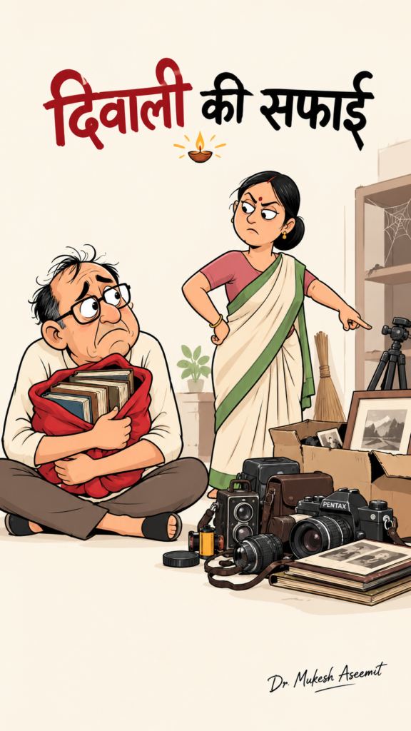 दिवाली की सफाई पर हास्य-व्यंग्य कार्टून, जिसमें एक लेखक अपनी प्रिय किताबों की गठरी सीने से लगाए बैठा है और पत्नी पुराने कैमरों व सामान को हटाने का निर्देश दे रही है। डॉ. मुकेश ‘असीमित’ का आत्मव्यंग्य।